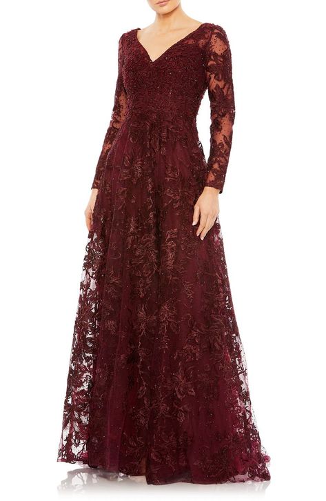 Formal Lace Dress, Mac Duggal Dresses, Mom Wedding, Long Sleeve Gown, Prom Designs, Designer Prom Dresses, Column Gown, فستان سهرة, Bride Gowns