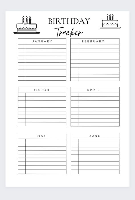 Remembering so many birthdays each year can feel like an utter nightmare, from friends to family. Forgetting a loved ones special day can feel hard but you never have too. Using this planner you can make note of every single persons birthday in year from January to December never forget a single person. Perfect for printing,digital use on IPads, Goodnotes and so much more. This printable birthday tracker is going to make your life easier.Track and don't forget birthdays of family and friends usi Birthday Budget Planner, Tracking Sheets Printable, Birthday Tracker Printable Free, Printable Organization Sheets, Life Binder Ideas, Planner Ideas For School, Birthday List Printable, Cute Planner Template, Birthday List Template