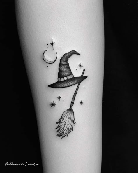 Elphaba Hat Tattoo, Elphaba Broom Tattoo, Small Broomstick Tattoo, Broom Tattoo Witch, Cute Witch Tattoo, Wicked Witch Tattoo, Small Art Tattoos, Witch Hat Tattoo Ideas, Tiny Witch Tattoo