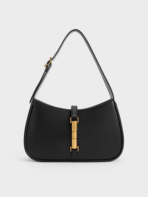 Black Cesia Metallic Accent Shoulder Bag | CHARLES & KEITH Charles And Keith Bags, Classy Purses, Black Mini Bag, Gold Bag, Fashion Aesthetics, Girly Accessories, Charles Keith, 2024 Fashion, Girls Bags