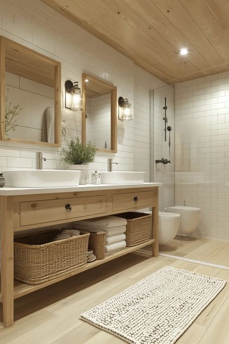 41 Cozy Hygge Scandinavian Bathrooms You’ll Love | VIVA Small Farmhouse Bathroom Ideas, Bathroom Scandinavian Style, Scandinavian Interior Bathroom, Farm Style Bathrooms, Scandinavian Bathroom Design Ideas, Scandinavian Bathroom Design, Small Space Bathroom Design, Small Farmhouse Bathroom, Bathroom Lighting Ideas