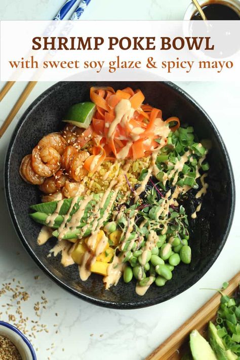 A Shrimp Poke Bowl is a easy, delicious, weeknight recipes rice bowl bursting with fresh flavors, such as pickled carrots, juicy mango, and avocado. Succulent marinated shrimp, a sweet soy glaze, and spicy mayonnaise. The bowls can easily be customized! Great for meal prep, lunch, dinner. Shrimp Poke Bowl Recipe, Shrimp Poke Bowl, Bowl Healthy Recipes, Healthy Recipes Rice, Sweet Soy Glaze, Shrimp Bowls, Mango And Avocado, Soy Glaze, Avocado Rice