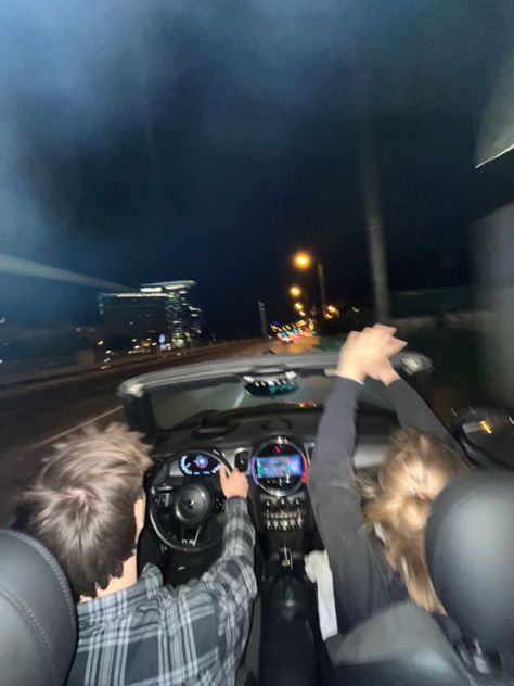 Soulmate|car|cabrio|mini|couple|late night| summer|adventure Driving At Night With Boyfriend, Convertable Cars Aesthetic Couple, Couple Late Night Aesthetic, Adventure Date Aesthetic, Driving Together Couple, Convertible Car Aesthetic Night, Couples Driving Car At Night, Summer Night Drive, Late Night Adventure Aesthetic