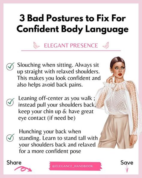 Ms. Daisy | Certified Life Coach on Instagram: "Here are some tips for you to remember to have confident body language during this holiday season! 🌸❤️ - @elegance_handbook" Elegant Body Language, Confident Body Language, Keep Your Chin Up, 2024 Year, Nose Shapes, Bad Posture, Charm School, Self Confidence Tips, Confidence Tips