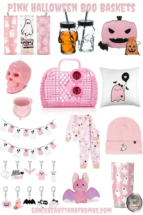 All the things you need for a "boo-tiful" Pink Boo Basket for Halloween! Pink Spooky Basket Ideas, Pink Boo Basket Ideas, Pink Halloween Basket, Pink Boo Basket, Pink Spooky Basket, Halloween Boo Basket, Boo Basket Ideas, Spooky Basket, Halloween Sleepover