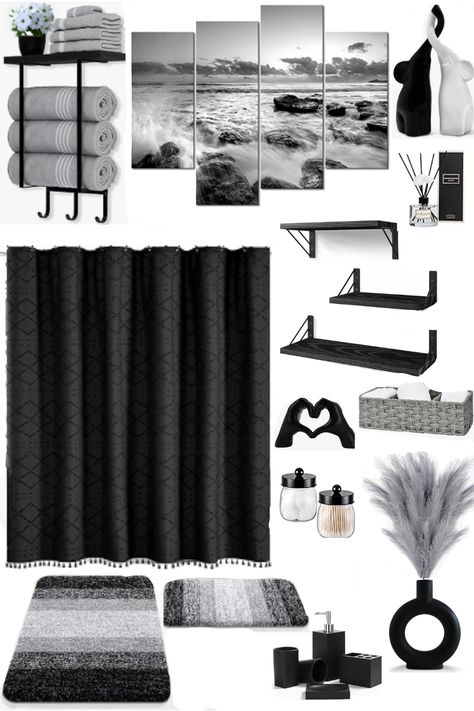 Black Grey And White Bathroom Decor, Black Gray And White Bathroom Ideas, Grey And Black Home Decor, Grey White Black Bathroom Ideas, Black And Gray Bathroom Decor, Black Guest Bathroom Ideas, Black White And Silver Bathroom Ideas, Grey And White Bathroom Decor Ideas, Bathroom Decor Black And Grey