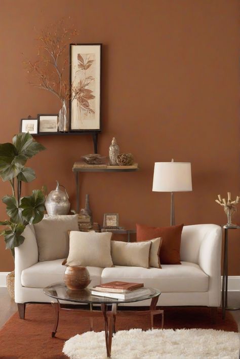 wall paint, living room, white rug, home decorating, home interior design, interior bedroom design, kitchen designs Cinnamon Wall Color, Cinnamon Walls, White Rug Living Room, Light Oak Floors, Carolina House, Neutral Furniture, Accent Wall Paint, Interior Wall Paint, Accent Walls In Living Room