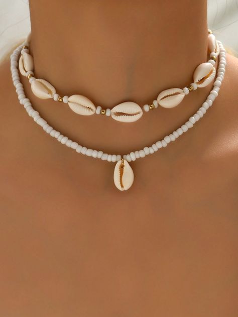 White  Collar  Shell   Embellished   Women's Fashion Jewelry Seashell Pendants, Seashell Jewelry, Layered Necklace Set, Multi Layer Necklace, Seashell Necklace, Summer Bracelets, Shell Bracelet, Summer Necklace, Shell Jewelry