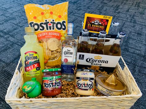 Taco Themed Raffle Basket, Taco Raffle Basket, Margarita Basket Ideas For Raffle, Nacho Gift Basket, Taco Themed Gift Basket, Taco Night Basket, Mexican Themed Gift Basket Ideas, Fiesta Gift Basket Ideas, Margarita Basket Ideas Gift