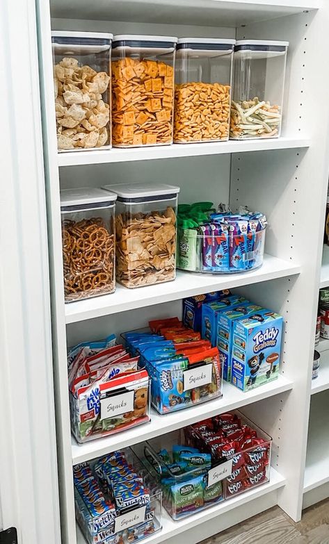 Open Pantry In Kitchen Ideas, Female Product Organization, Yearbook Storage Ideas, Snack Closet Organization, Snack Storage Pantry, Organizing Small Refrigerator Ideas, Under Cabinet Snack Storage, Snack Pantry Organization Ideas, Home Storage Organization