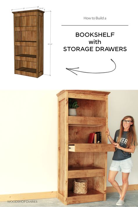 Check out this DIY bookshelf with hidden storage drawers! Learn how to build your own with printable building plans! Bookshelf With Drawers, Home Bookshelf, Bookcase Plans, Writing Studio, Diy Bookshelf, Bookshelf Plans, Bookcase Diy, Wood Patio Furniture, Wood Bookshelves