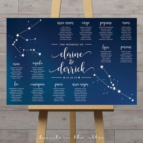 It's Written in the Stars — the Hot Wedding Theme of 2019 Is All Things Celestial Tables Chart, Wedding Couple Table, Celestial Chart, Constellation Wedding, Celestial Wedding Theme, Starry Wedding, Wedding Table Themes, Table Wedding Decorations, Galaxy Wedding