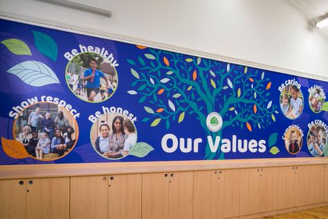 School Wall Art Ideas Classroom, Values Wall, School Values, School Wall Art Ideas, Display Boards For School, School Signage, School Wall Decoration, School Reception, School Hall