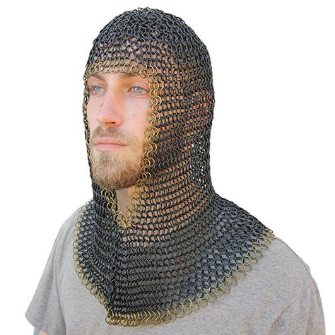 Medieval V Brass Face Mild Steel Chainmail Coif Armor Chainmail Coif, Medieval Chainmail, Chainmail Armor, Medieval Market, Historical Armor, Blackened Steel, Medieval Armor, Chain Mail, Mild Steel