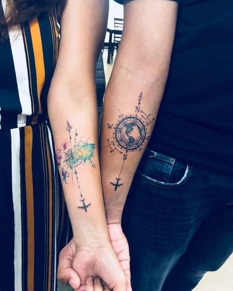 The 90 Most Popular Symbols For Travel Tattoos | Unique & Cute Travel Tattoo Ideas Watercolor Bedroom, Bedroom Couple, Pair Tattoos, Tattoo Side, Infinity Couple Tattoos, Couple Tattoos Unique, Couples Tattoo Designs, Couple Tattoo, Парные Тату