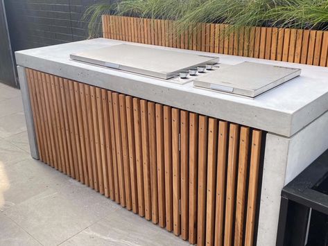 6. Concrete Outdoor Kitchen with Timber Battens and Planter Box - Torquay | outdoor kitchen & architectural concrete Outdoor Kitchen Ideas Covered, Concrete Outdoor Kitchen, Architectural Concrete, Outdoor Bbq Area, Kitchen 2024, Timber Battens, Outdoor Barbeque, Backyard Design Ideas, Outdoor Kitchen Ideas