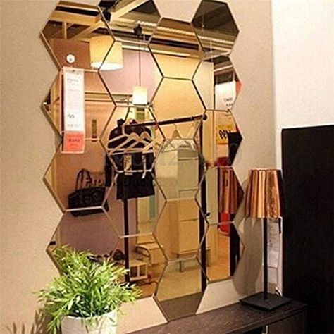 Mirror Art Diy, Mirror Hexagon, Hexagonal Tiles, 3d Mirror Wall Stickers, Tiles Living Room, Hexagon Mirror, 3d Mirror, Deco Studio, Wall Stickers 3d