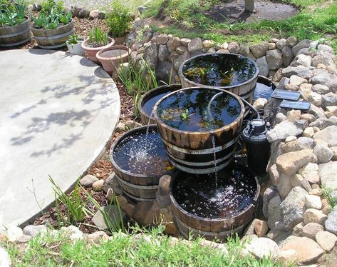 Wine Barrel Water Feature, Barrel Garden Ideas, Barrel Water Feature, Wine Barrel Garden, Wine Barrel Table, Backyard Ducks, Door Planter, Wine Barrel Furniture, Barrel Table