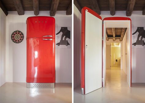 Unusual Interior Door Disguises as a Fridge Speakeasy Door, Speakeasy Decor, Smeg Fridge, Secret Doors, Secret Hiding Places, Commercial And Office Architecture, Hidden Doors, Hidden Bar, Secret Room