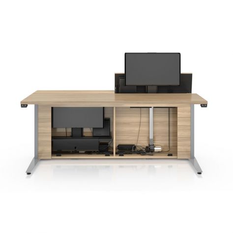 Desk With Hidden Monitor, Hidden Monitor Desk Work, Hidden Dual Monitor Desk, Hide Computer Monitor Home Office, Desk With Monitor Lift, Hide Monitor On Desk, Desk Hidden Monitor, Hidden Monitor Lift Desk, Monitor Lift Desk