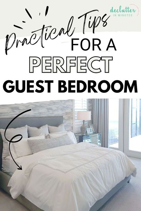 Looking for ideas to create a cozy guest bedroom set up? This blog post from Declutter In Minutes is full of tips and ideas to help you create a welcoming guest bedroom. If you are looking for guest room ideas then this is the blog post for you. Get inspired by all of this guest bedroom inspiration. It's easy to make a guest room that's cozy and inviting for all seasons! Learn all about how to set up a cozy guest room now! guest bedroom inspiration | guest bedroom set up Guest Room Above Bed Decor, Florida Guest Room Ideas, Best Guest Beds, Downstairs Guest Bedroom, Guest Room With Carpet, Relaxing Guest Room Ideas, Airy Guest Bedroom, Elegant Guest Room Ideas, What To Put In A Guest Bedroom