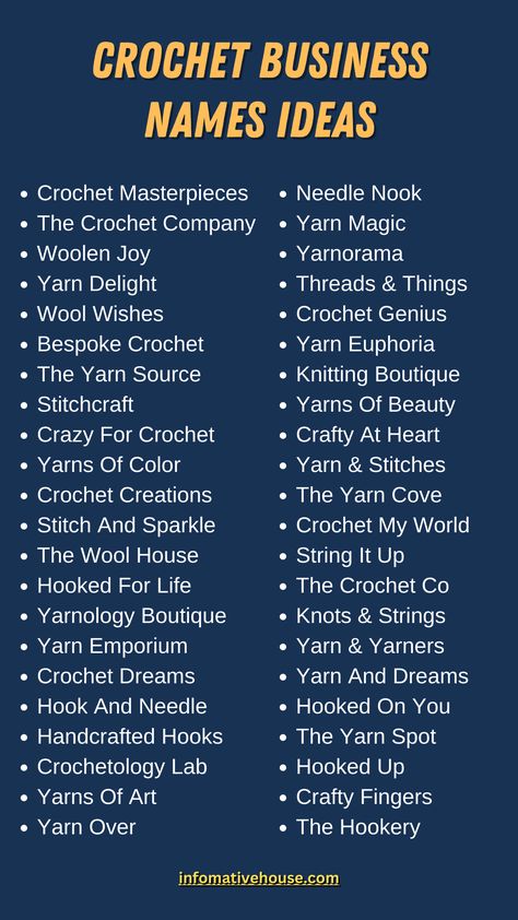 Creative Crochet Business Name Ideas to Inspire Your Next Venture! -InformativeHouse Cute Crochet Business Names, Crochet Caption Ideas, Logo Ideas For Crochet Business, Crochet Business Name Ideas, Crochet Page Name Ideas, Crochet Business Logo Ideas, Small Crochet Business Ideas, Crochet Shop Names, Crochet Brand Name Ideas