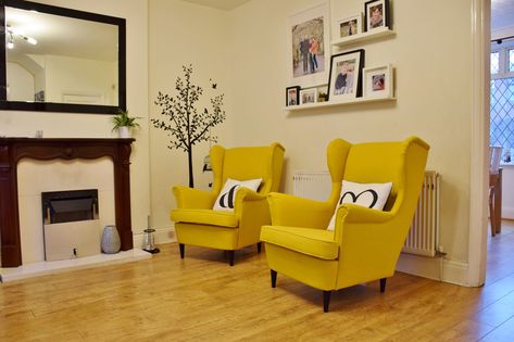 IKEA STRANDMON Skiftebo yellow Living Room With Yellow Chairs, Ikea Strandmon Chair Living Rooms, Ikea Strandmon Chair Yellow, Strandmon Chair Living Rooms, Ikea Yellow Chair, Strandmon Ikea, Beige Living Room Decor, Ikea Strandmon, Lavish Living Room