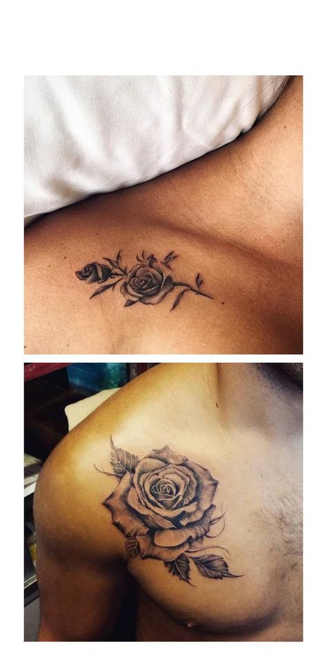 Rose Bicep Tattoo Men, Men Rose Tattoo Ideas, Rose On Chest Tattoo, Rose Tattoo For Guys, Rose Shoulder Tattoo Men, Rose Tattoo Collar Bone, Rose Chest Tattoo Men, Rose Tattoo Men Chest, Rose Collar Bone Tattoo