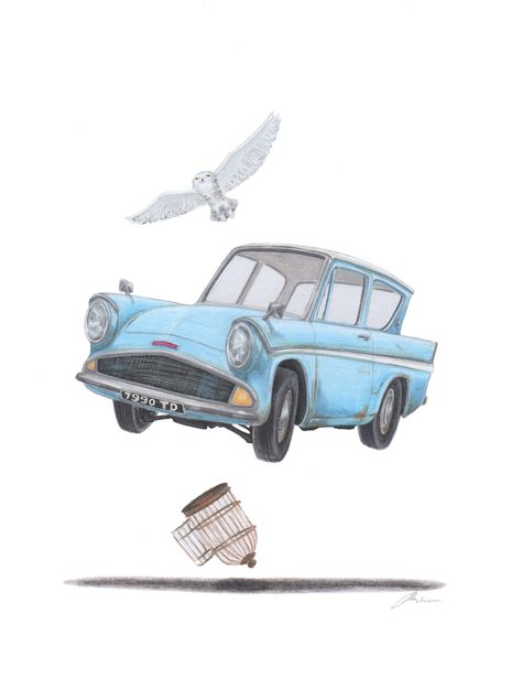 Flying Car Harry Potter Drawing, Harry Potter Train Drawing, Dibujos Harry Potter, Harry Potter Flying Car, Harry Potter Car, Harry Potter Train, Dobby Harry, Harry Potter Sketch, Harry Potter Theme Birthday