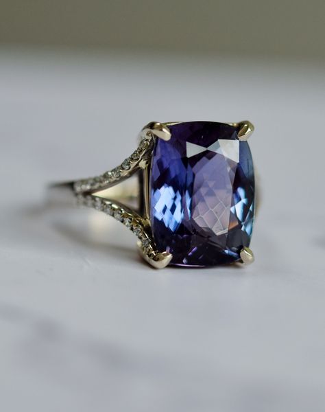 Blue purple Tanzanite Ring. White Gold Engagement Ring. Lavender Blue Tanzanite ring. Cushion split band engagement ring 14k rose gold. Tanzanite Aesthetic, Split Band Engagement Ring, Ornamental Elements, Purple Tanzanite, Woodland Wonderland, Tanzanite Engagement Ring, Ring Cushion, White Gold Engagement Ring, Ring White Gold