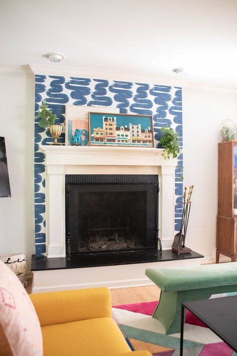 Colorful Built Ins Around Fireplace, Fireplace Accent Color, Corner Fireplace Wallpaper, Wallpaper On Fireplace, Wallpaper Behind Fireplace, Colorful Faux Fireplace, Fireplace Wallpaper Accent Wall, Peel And Stick Wallpaper For Fire Place, Wallpaper Over Fireplace