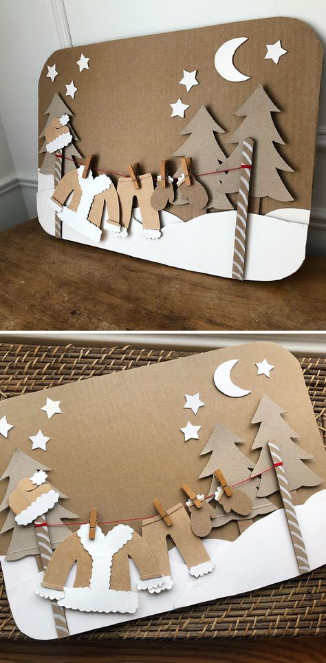 Christmas Decorations Out Of Cardboard, Christmas Cardboard Diy, Cardboard Box Crafts Christmas, Cardboard Holiday Decor, Christmas Decoration Ideas For School, Cardboard Mountains Diy, Diy Cardboard Christmas Crafts, Easy Paper Christmas Crafts, Christmas Paper Art