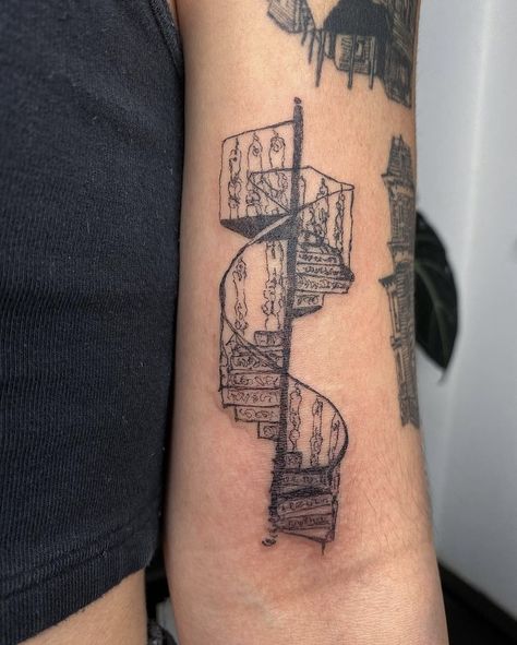 Staircase Tattoo, Fawn Tattoo, Trippy Tattoo Designs, Trippy Tattoo, Modern Art Tattoos, Wrought Iron Staircase, Funky Tattoos, Iron Staircase, Female Tattoo Artists