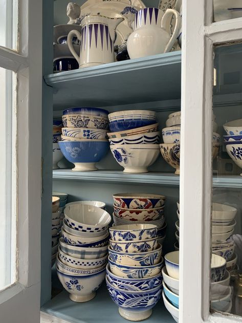 Kitchen of the Week: A Blue Kitchen in Amsterdam, Collections Included - Remodelista French Blue Kitchen, Amsterdam Home, Dutch Kitchen, Double Glass Doors, European Kitchens, Blue Dishes, Wooden Counter, Blue Cottage, Aesthetic Kitchen