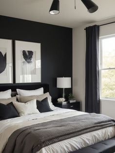 Black Accent Wall, Black And Grey Bedroom, Black Walls Bedroom, Black And White Bedroom, White Bedroom Ideas, Black Bedroom Decor, White Bedroom Design, Black Bed Frame, Black Bed