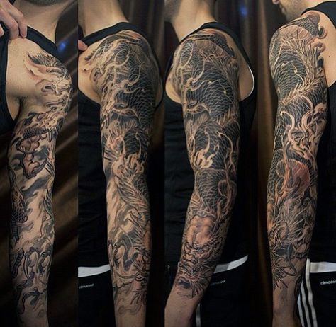 100 Dragon Sleeve Tattoo Designs For Men - Fire Breathing Ink Ideas Geisha Tattoos, Western Dragon, Black Sleeve Tattoo, Dragon Tattoo Arm, Dragon Tattoos For Men, Dragon Sleeve, Chinese Dragon Tattoos, Free Tattoo Designs, Dragon Sleeve Tattoos