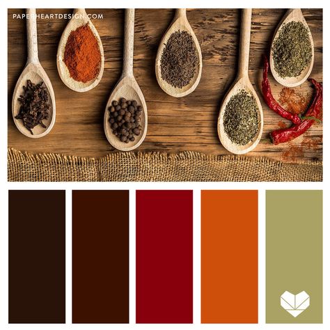 Color Palette: Herbs + Spices Earth Tones — Paper Heart Design Food Packaging Color Palette, Spicy Color Palette, Food Colour Palette, Food Color Palette, Food Colors Palette, Pink Green Bedrooms, Colour Palate, Kitchen Color Palettes, Colours That Go Together