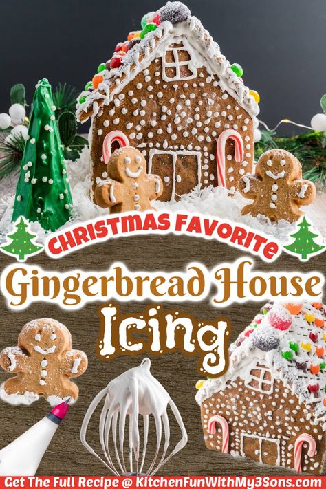 If you are building a gingerbread house for Christmas this year, then you have to try this recipe for Gingerbread House Icing. It holds the cookies together so well that you can make the best gingerbread house ever and have lots of fun while doing it! Royal Frosting For Gingerbread Houses, Best Frosting For Gingerbread Houses, Gingerbread Recipes For House, Frosting For Gingerbread House, Gingerbread House Icing Glue, Gingerbread Recipe For House, Ginger Bread House Recipe, Gingerbread House Recipe Dough, Recipe For Gingerbread House