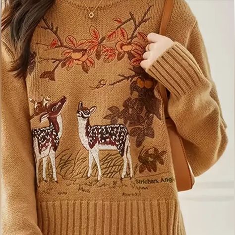 Adorable Sweater ! New In Bag Acrylic Nylon Viscose Classic Pull Over With Detailed Fall Deer Embroidery Knit Fall Sweater, Soft Cottagecore Outfits, Fairy Sweater, Cottagecore Embroidery, Deer Sweater, Deer Embroidery, Lavender Sweater, Womens Knit Sweater, Woodland Deer