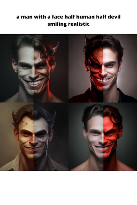 a man with a face half human half devil smiling realistic Devil Smile, Half Evil, White King, Virtual Art, Half Face, Face Men, Interesting Faces, Generative Art, Inspiration Board