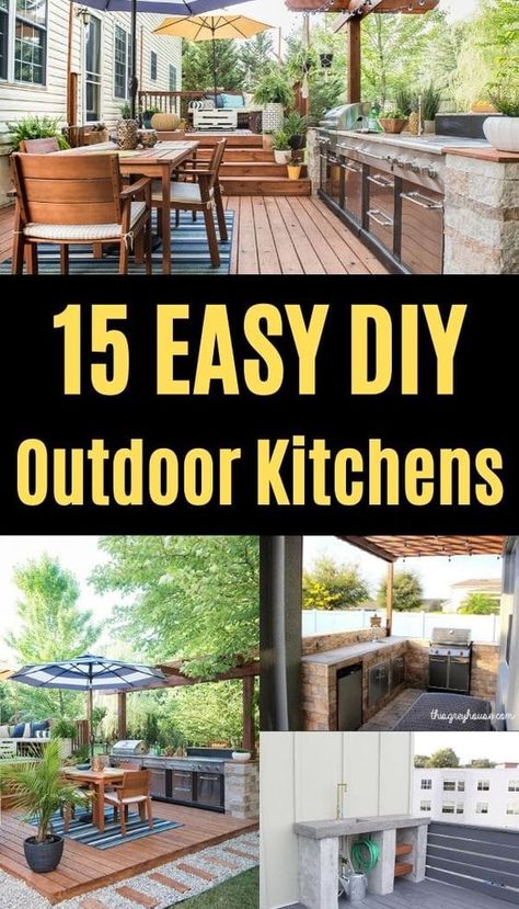 Transform your outdoor space with these 15 incredible DIY outdoor kitchen plans that won't break the bank! 🏡 From simple setups to more elaborate designs, discover how you can create your dream cooking area without overspending. Get inspired to enhance your backyard entertainment and dining experience while enjoying the great outdoors. Let's get building! #OutdoorKitchen #DIYProjects #BackyardIdeas Backyard Cooking Area Diy, Backyard Bbq Area, Outdoor Entertainment Area, Outdoor Bar And Grill, Outdoor Grill Area, Outdoor Cooking Spaces, Outdoor Kitchen Plans, Cozy Backyard, Backyard Office