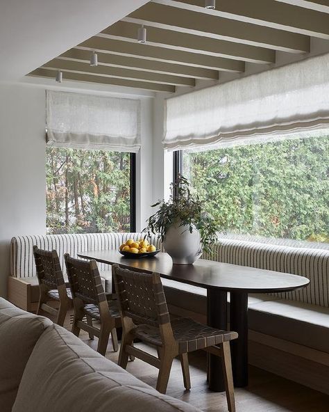 Walnut Oval Dining Table with Curved Dining Banquette - Transitional - Kitchen Dining Room Nook, Collective Studio, Dining Table Light, Dining Banquette, Woven Dining Chairs, Brown Leather Chairs, White Floating Shelves, Reclaimed Wood Dining Table, Oval Dining Table