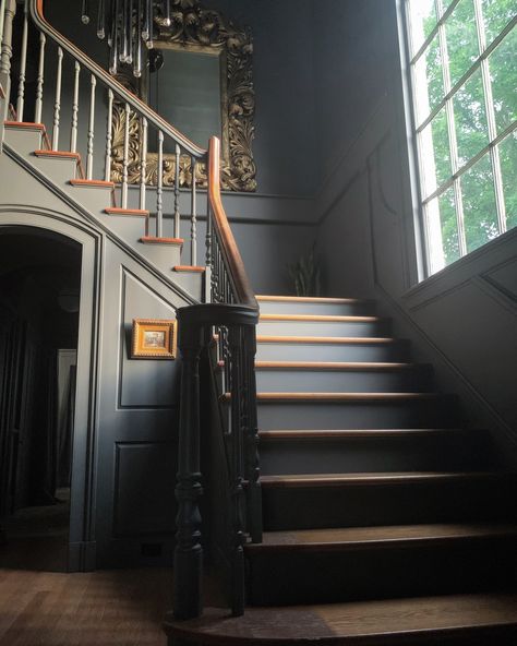 We’re huge fans of how antique touches can mesh so well with new/modern ones. Here you see the gilt Rococo Mirror in gold marrying beautifully with the Modern Chrome Chandelier. Dark Green Staircase, Green Stairwell, Coloured Staircase, Moody Staircase, Dark Green Hallway, Dark Stairs, Modern Chrome Chandelier, Dark Staircase, Green Entryway