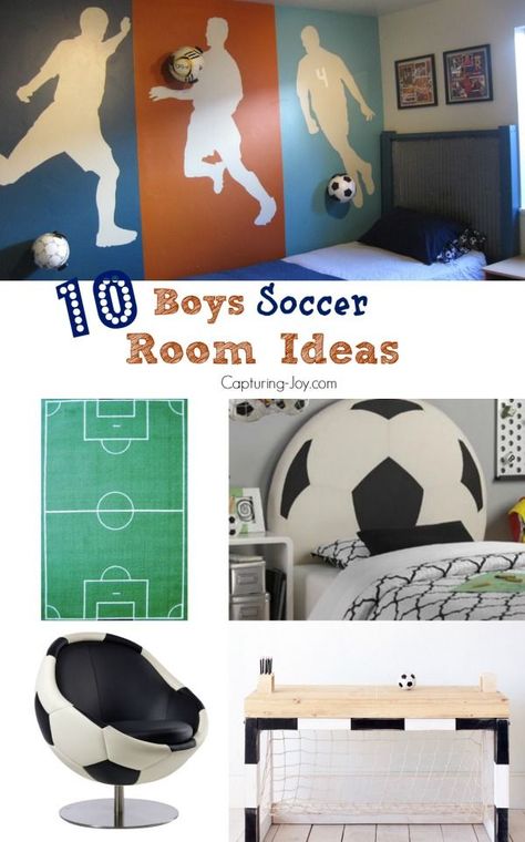 10 Boys Soccer Room Ideas!  From paint ideas to decor to cute soccer themed furniture, great for kids and teens. Soccer Room Ideas, Soccer Bedroom Decor, Soccer Themed Bedroom, Soccer Room Decor, Soccer Bedroom, Soccer Room, Football Rooms, Football Bedroom, Boys Desk