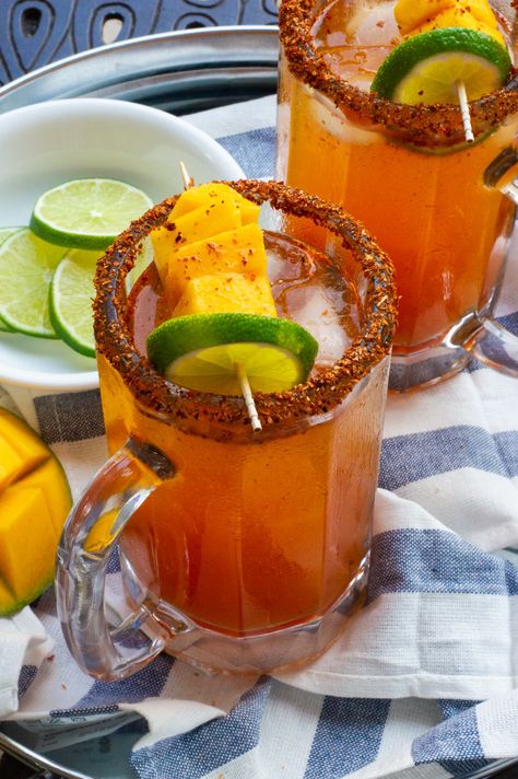 Sweet And Spicy Cocktail, Michelada Recipe, Spicy Cocktail, Buffalo Chicken Sandwiches, Batch Cocktails, Mexican Drinks, Michelada, Cookout Food, Mango Juice