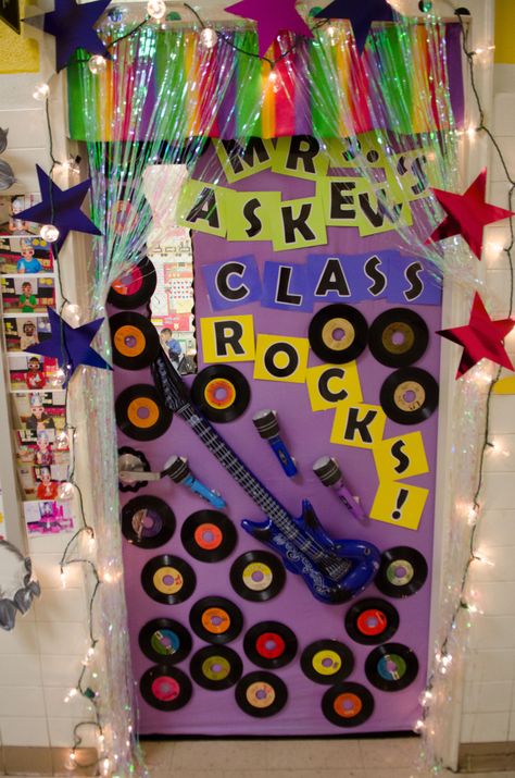 80s Classroom Door, Rock And Roll Door Decorations, 80s Door Decorating, Rock And Roll Classroom Door, Disco Door Decoration, Spring Classroom Door, School Wide Themes, Classroom Door Decorations, Teacher Door Decorations