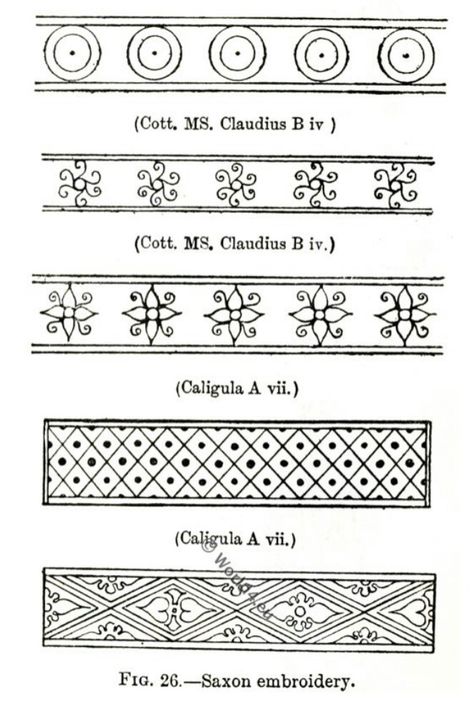 Anglo Saxon Clothing Embroidery Designs Medieval Embroidery Patterns, Anglo Saxon Tattoo, Anglo Saxon Clothing, Motif Soutache, Viking Embroidery, Medieval Pattern, Medieval Embroidery, Medieval Crafts, Medieval Garb