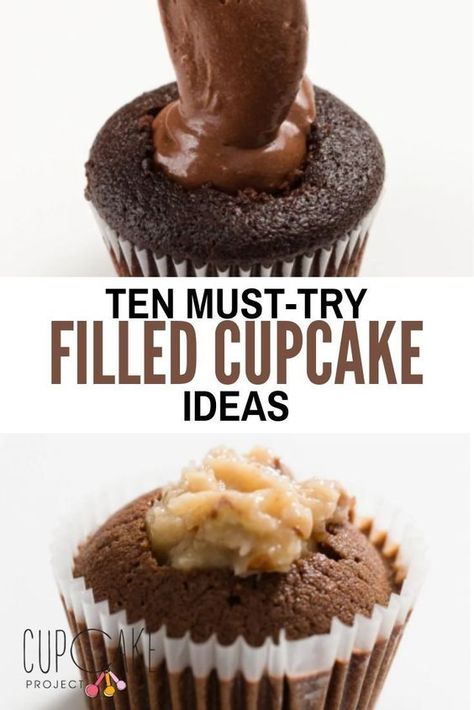 Cheesecake Stuffed Cupcake Recipes, Brownie Batter Cupcake Filling, Frosting Inside Cupcakes, Filling Ideas For Cupcakes, Ganache Filling For Cupcakes, Chocolate Cupcake Filling Recipes, Chocolate Filled Cupcake Recipes, Cupcake Recipes Wedding, Chocolate Pudding Filled Cupcakes