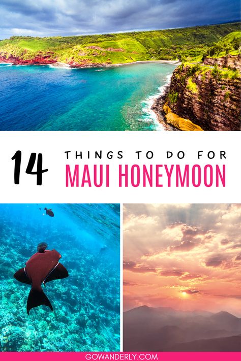 Find 14 must-do activities in Maui for your honeymoon itinerary, perfect for planning your romantic getaway. Must Do In Maui, Maui Hawaii Honeymoon, Honeymoon Itinerary, Hawaii Trip Planning, Maui Honeymoon, Maui Beach Wedding, Things To Do In Maui, Maui Activities, Honeymoon Photos