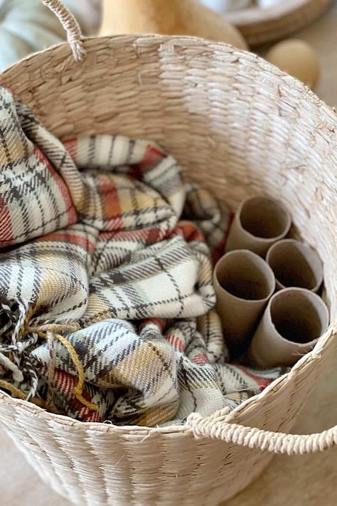 Blankets In Basket Decor, Fall Blanket Basket, Large Basket Decor Ideas Fall, Decorating Crocks For Fall, Fall Crock Decorating Ideas, Farmhouse Basket Filler Ideas, Fall Basket Arrangements, Basket Of Pumpkins Decor, Fall Picnic Basket Decor